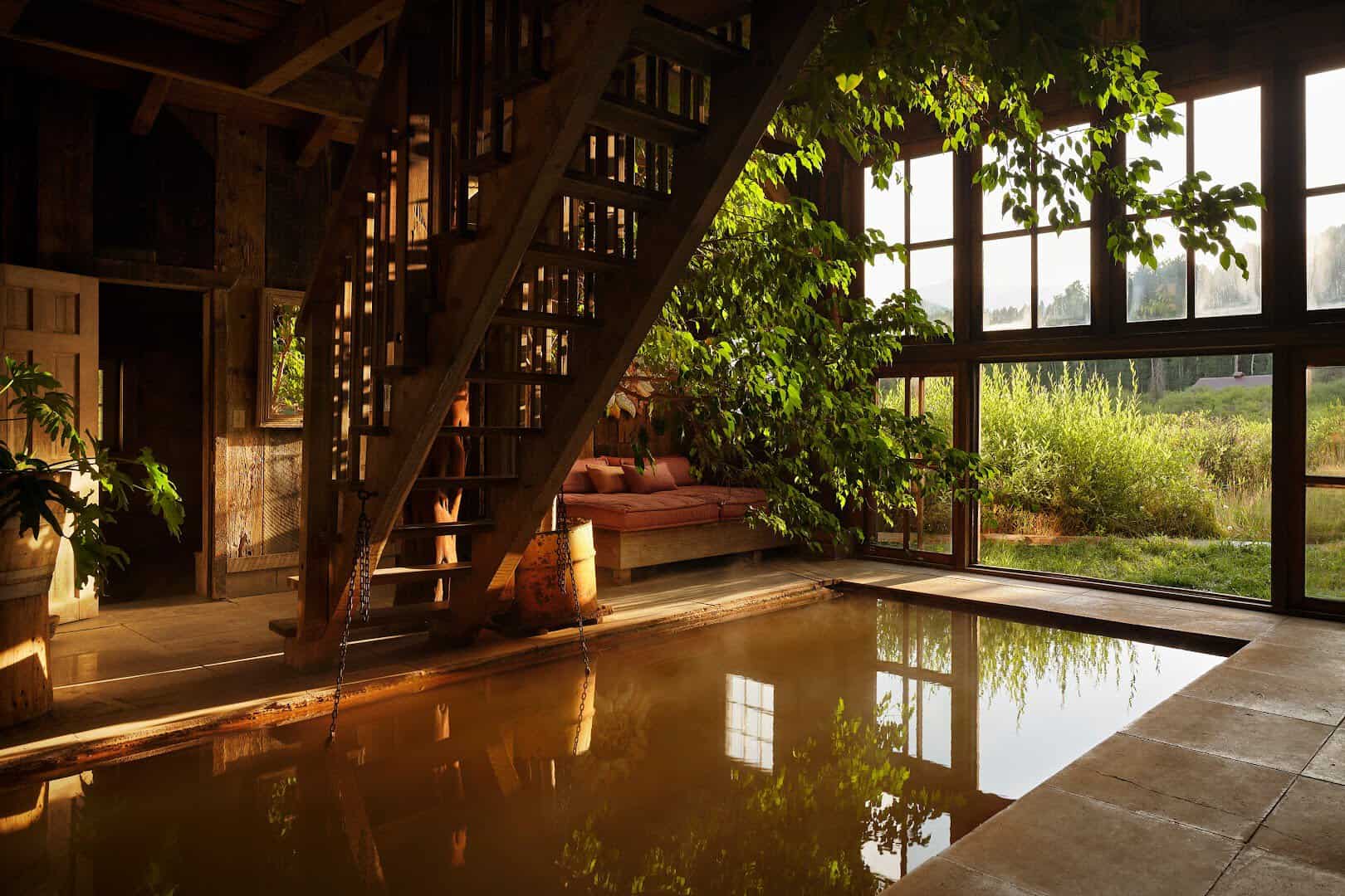 Indoor mineral spring pool in the historic bathhouse at Dunton Hot Springs, Colorado