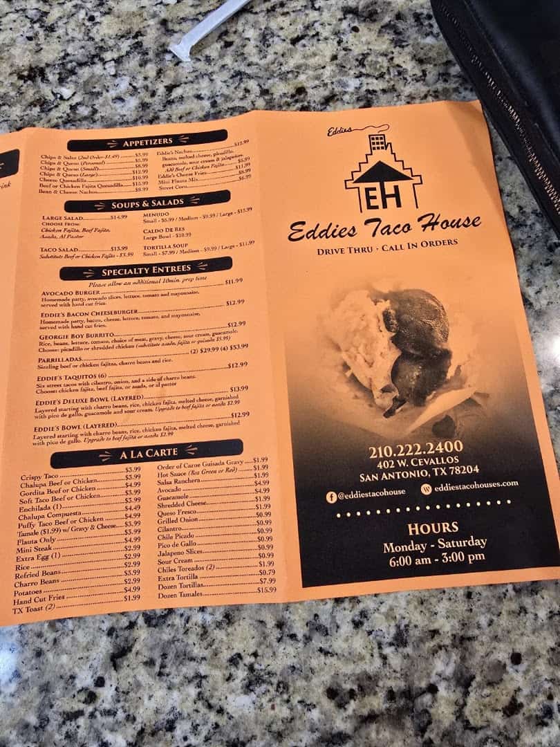 Printed menu at Eddie's Taco House in San Antonio