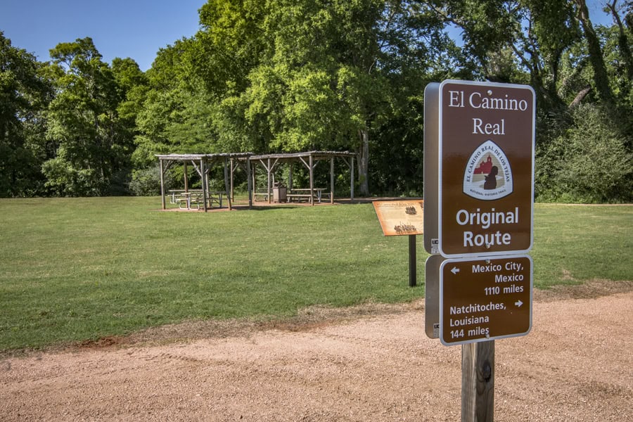 El Camino Real Original Route sign on the historic trail at Caddo Mounds