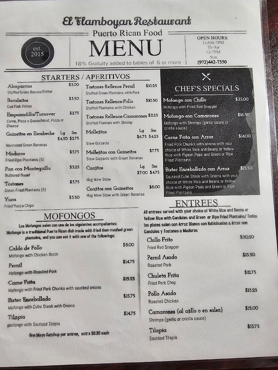 El Flamboyan menu listing Puerto Rican dishes and desserts, Wylie, Texas