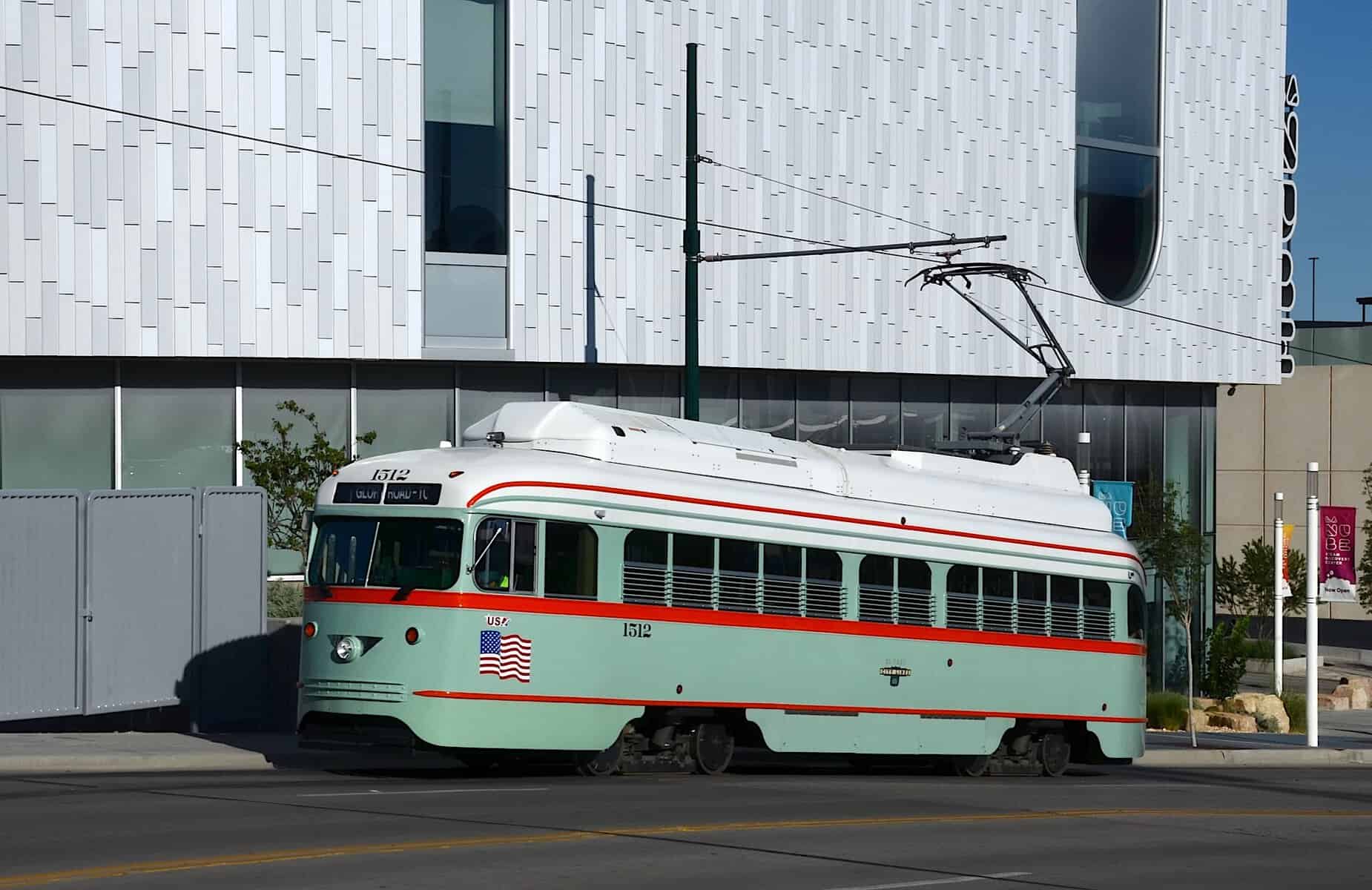 Restored vintage PCC streetcar on the streets of downtown El Paso