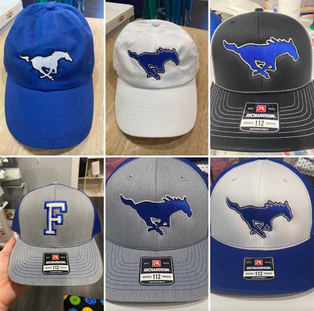 Custom embroidered and monogrammed caps at The Sparkly Elephant Sewing Lounge