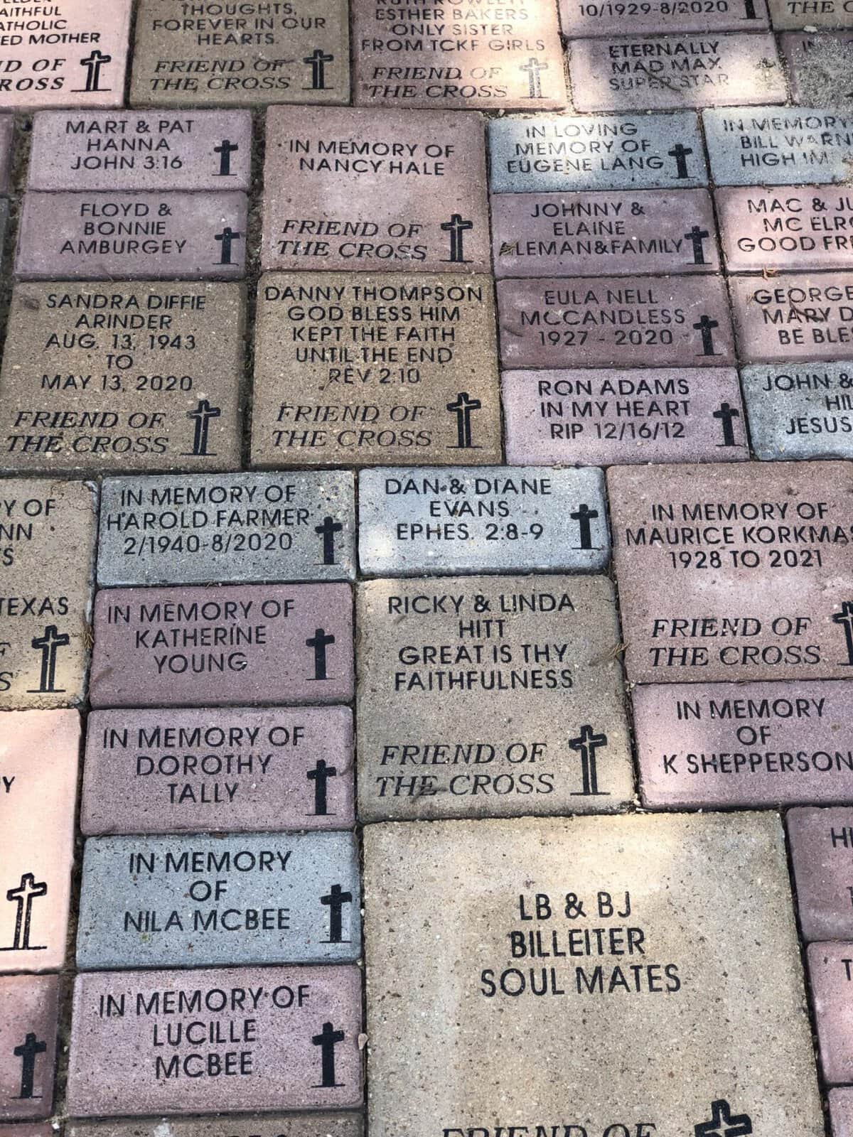 Engraved memorial pavers along the walkway at the Coming King Sculpture Prayer Garden