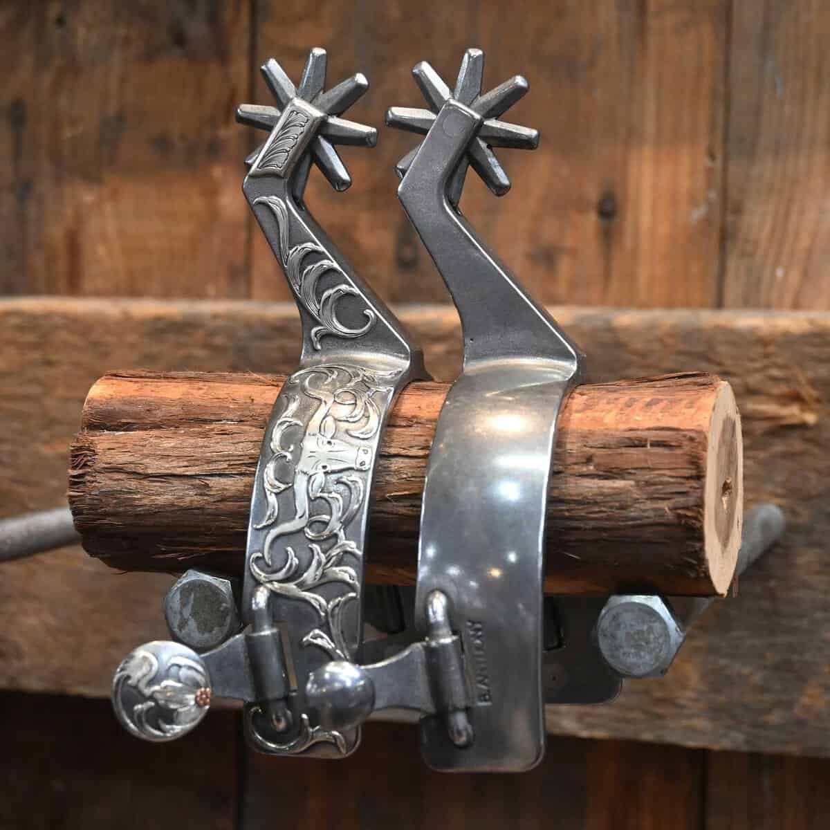 Hand-engraved silver spurs at Teskey's Saddle Shop in Weatherford, Texas