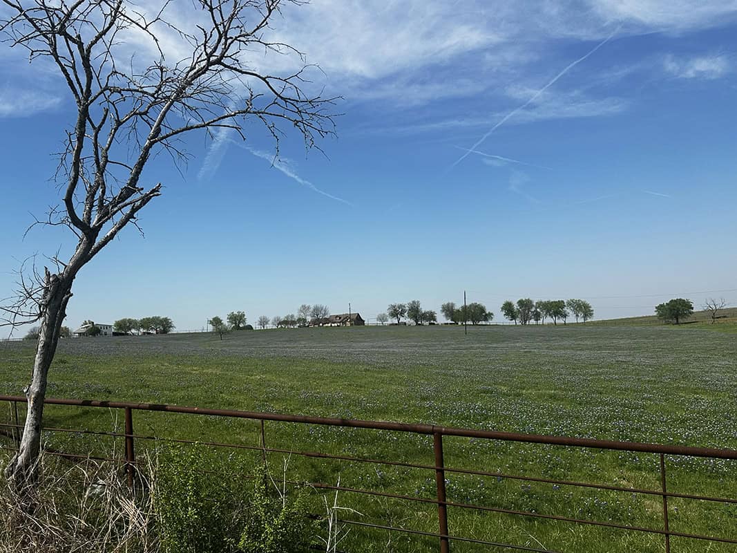 Farmland and fence line in the Ennis, Texas countryside