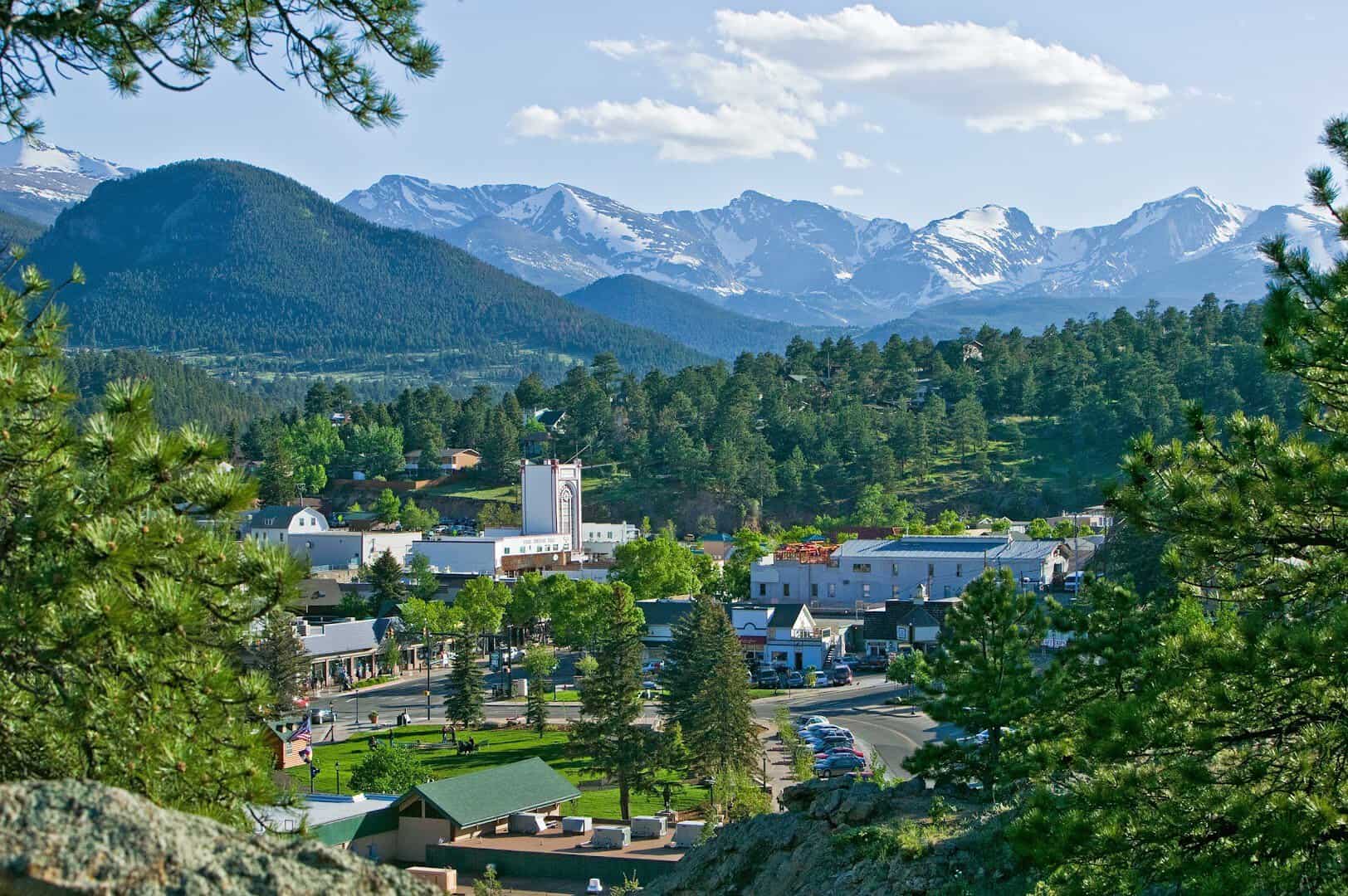 Estes Park, Colorado beneath the snow-capped Rocky Mountains