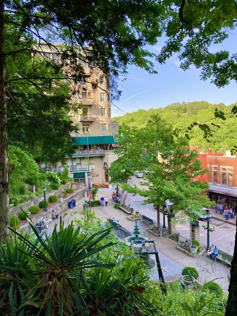 Historic downtown Eureka Springs and Basin Spring Park from above, Arkansas