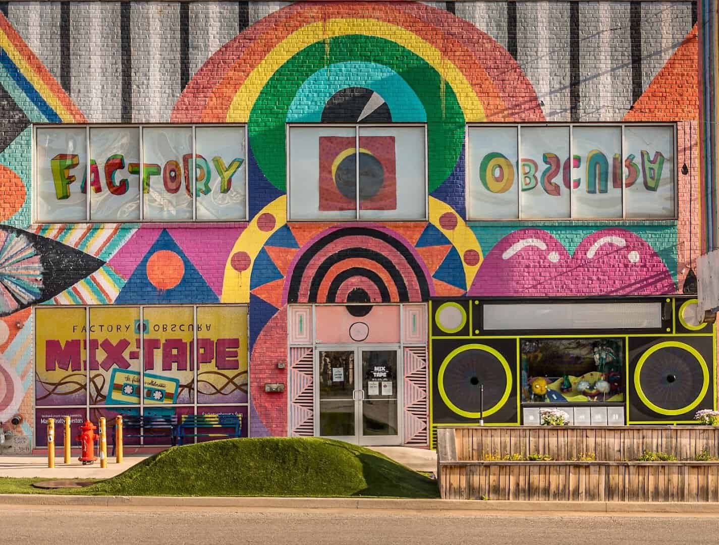 Colorful Mix-Tape mural facade at Factory Obscura in Oklahoma City