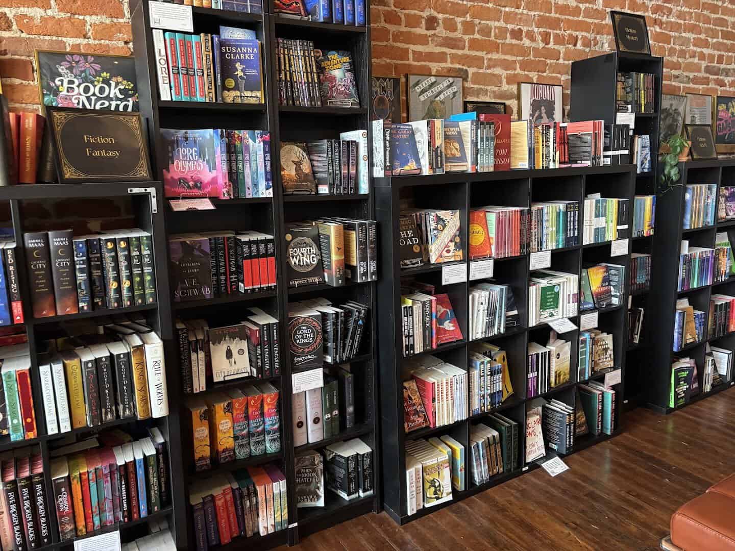 Curated fiction and fantasy shelves at The Painted Porch Bookshop in Bastrop, Texas