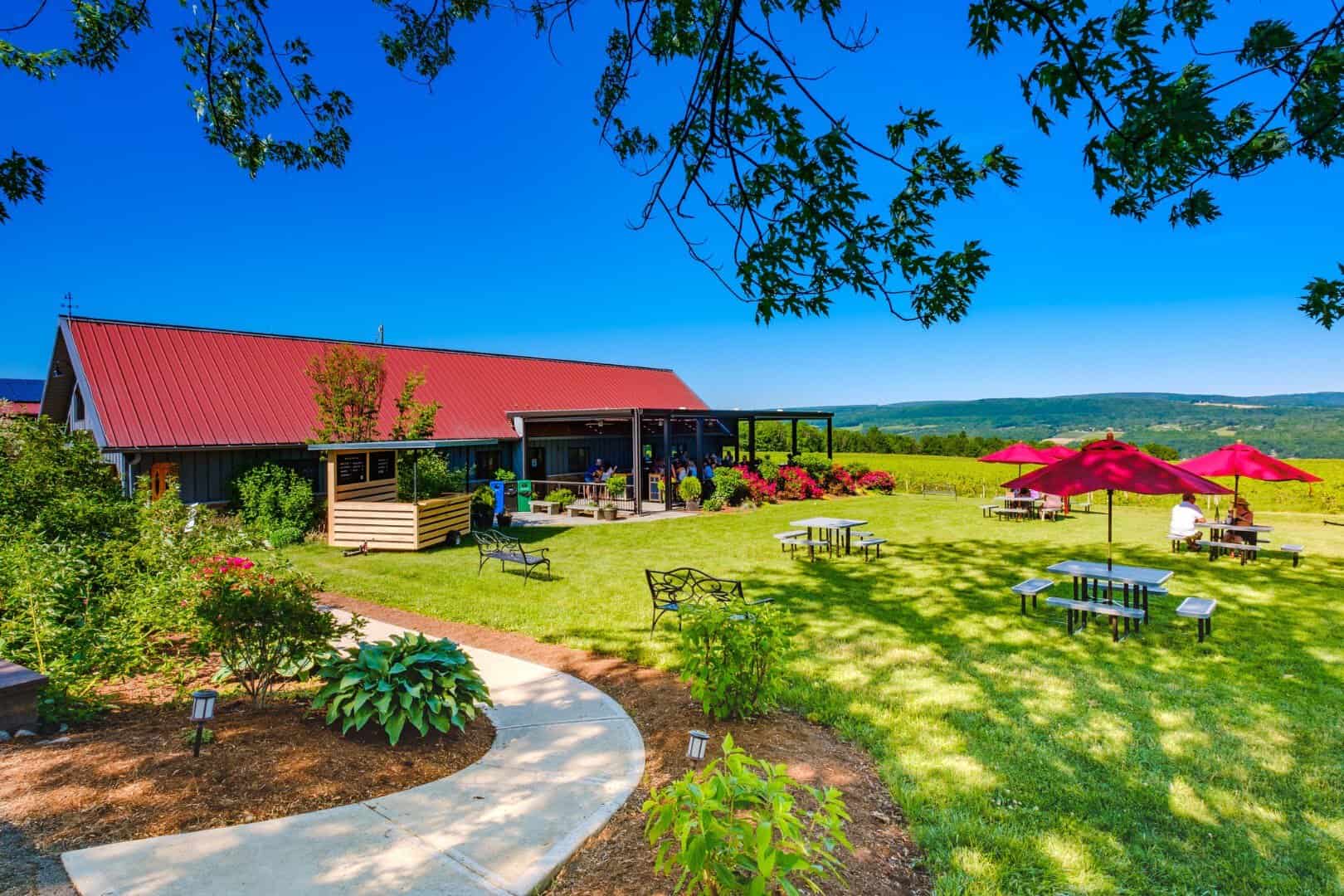 Guests gathered on the patio at Lakewood Vineyards in the Finger Lakes, New York