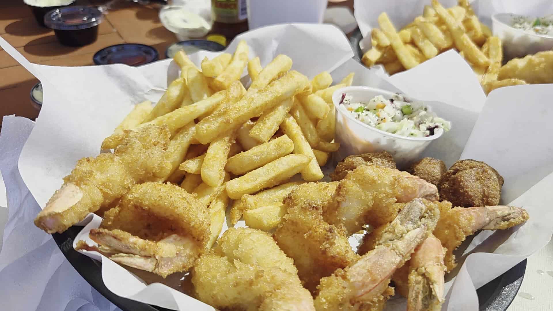 Fish and chips basket at Snoopy's Pier in Corpus Christi