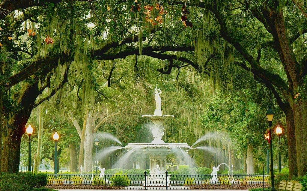 Forsyth Park fountain framed by live oaks in Savannah, Georgia