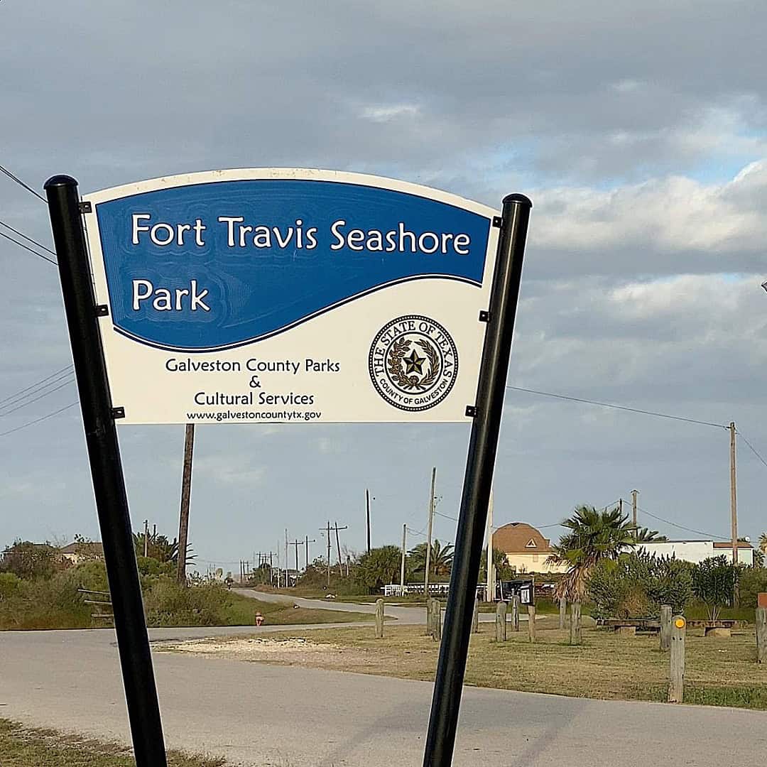 Fort Travis Seashore Park entrance sign on Bolivar Peninsula