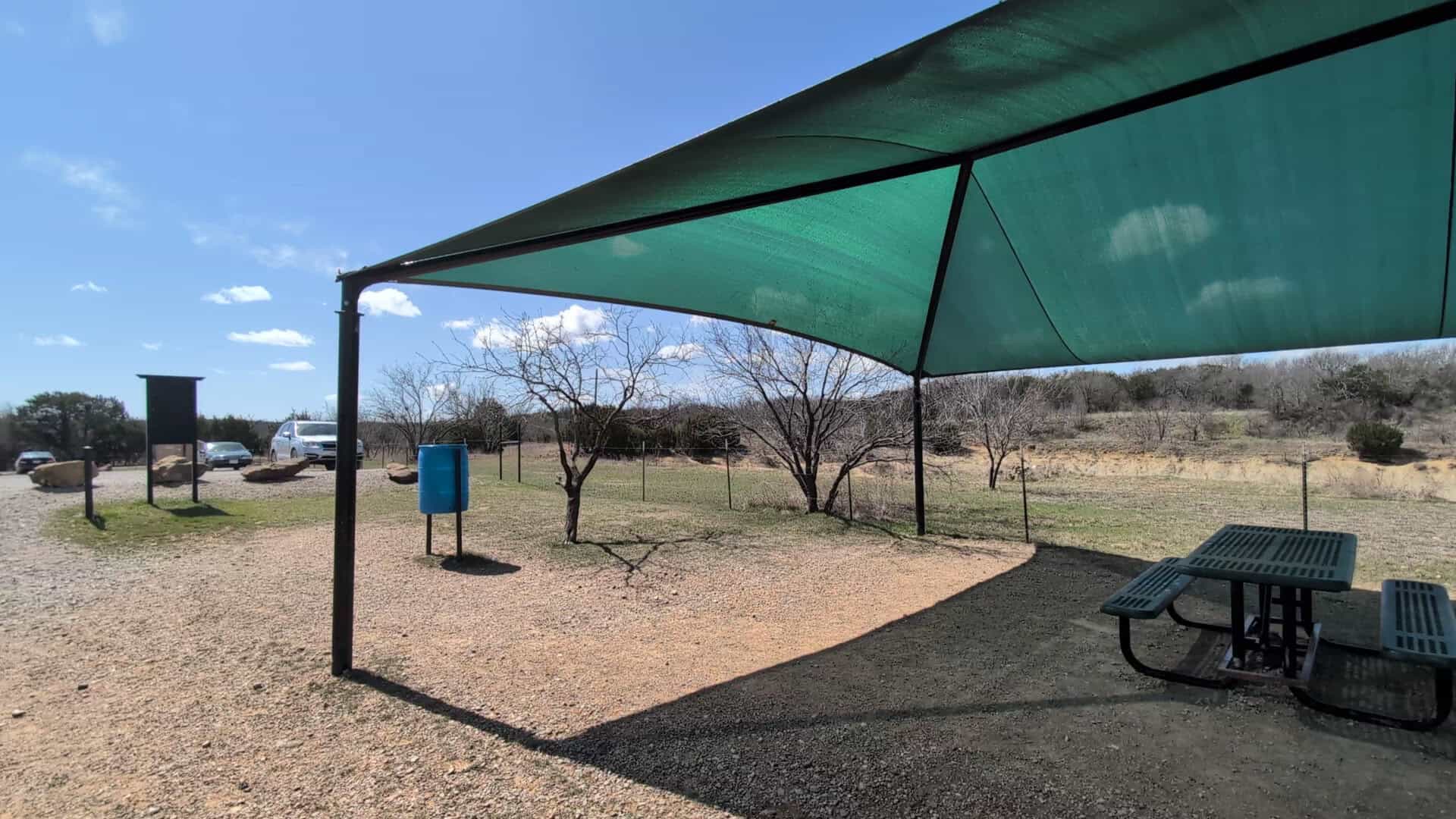 The shade structure and picnic tables added to Mineral Wells Fossil Park in 2021