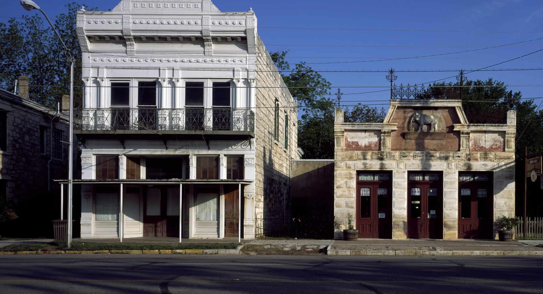 Historic limestone storefronts in Fredericksburg, Texas