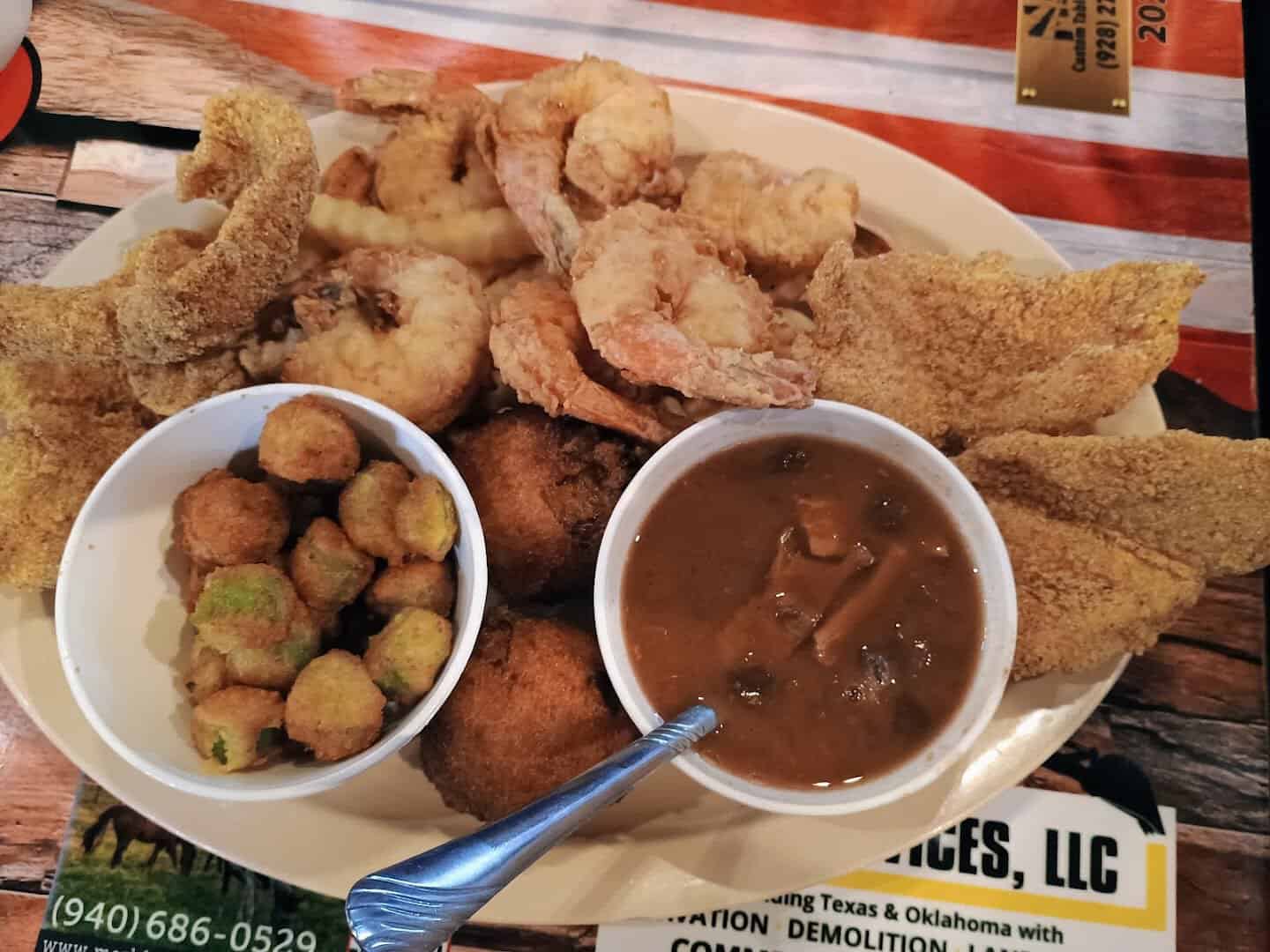 Golden fried catfish and shrimp with fried okra and hush puppies at Bebo's and Kathy's Cafe