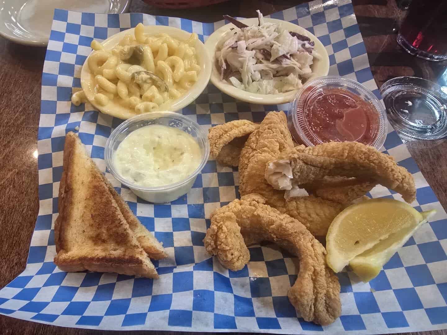 Fried catfish plate with mac and cheese, coleslaw and Texas toast at Richter's Antler Cafe in Spring Branch