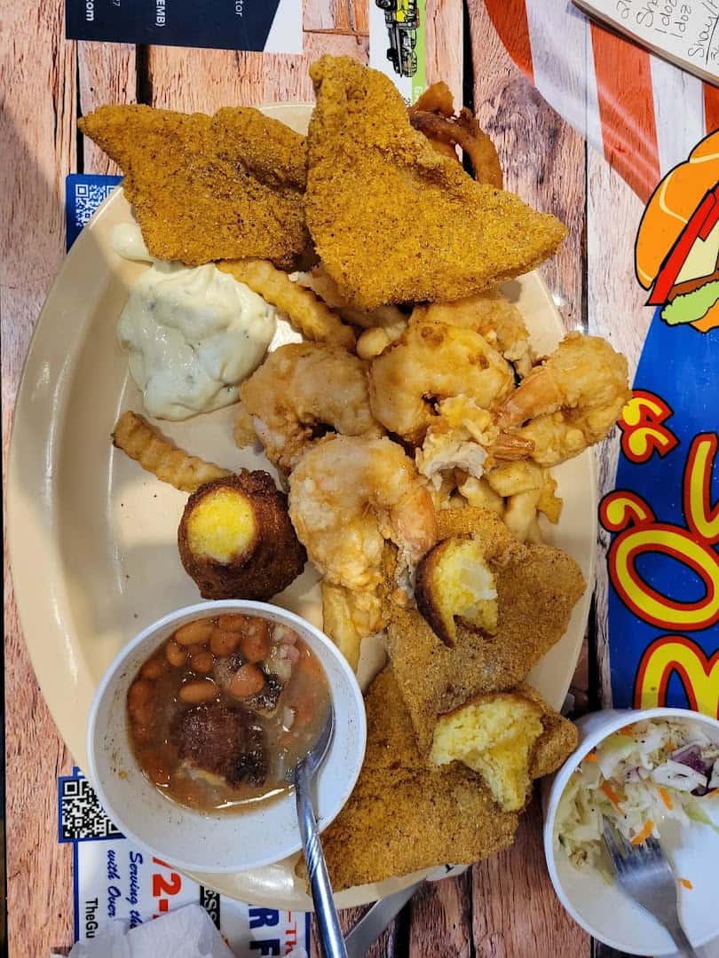 Fried catfish and shrimp platter with hush puppies, beans and coleslaw at Bebo's and Kathy's Cafe