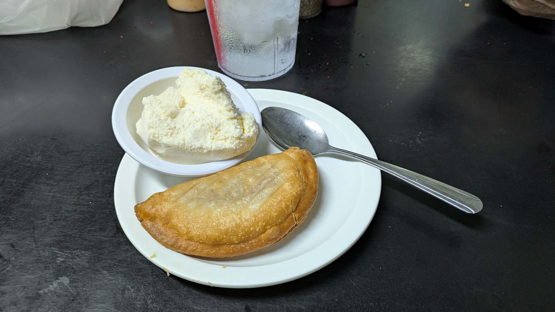 A fried pie served with ice cream for dessert at Mary's Cafe in Strawn, Texas