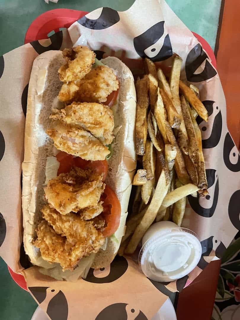 Fried shrimp po'boy with fresh-cut fries at Mel's Diner in Mingus, Texas