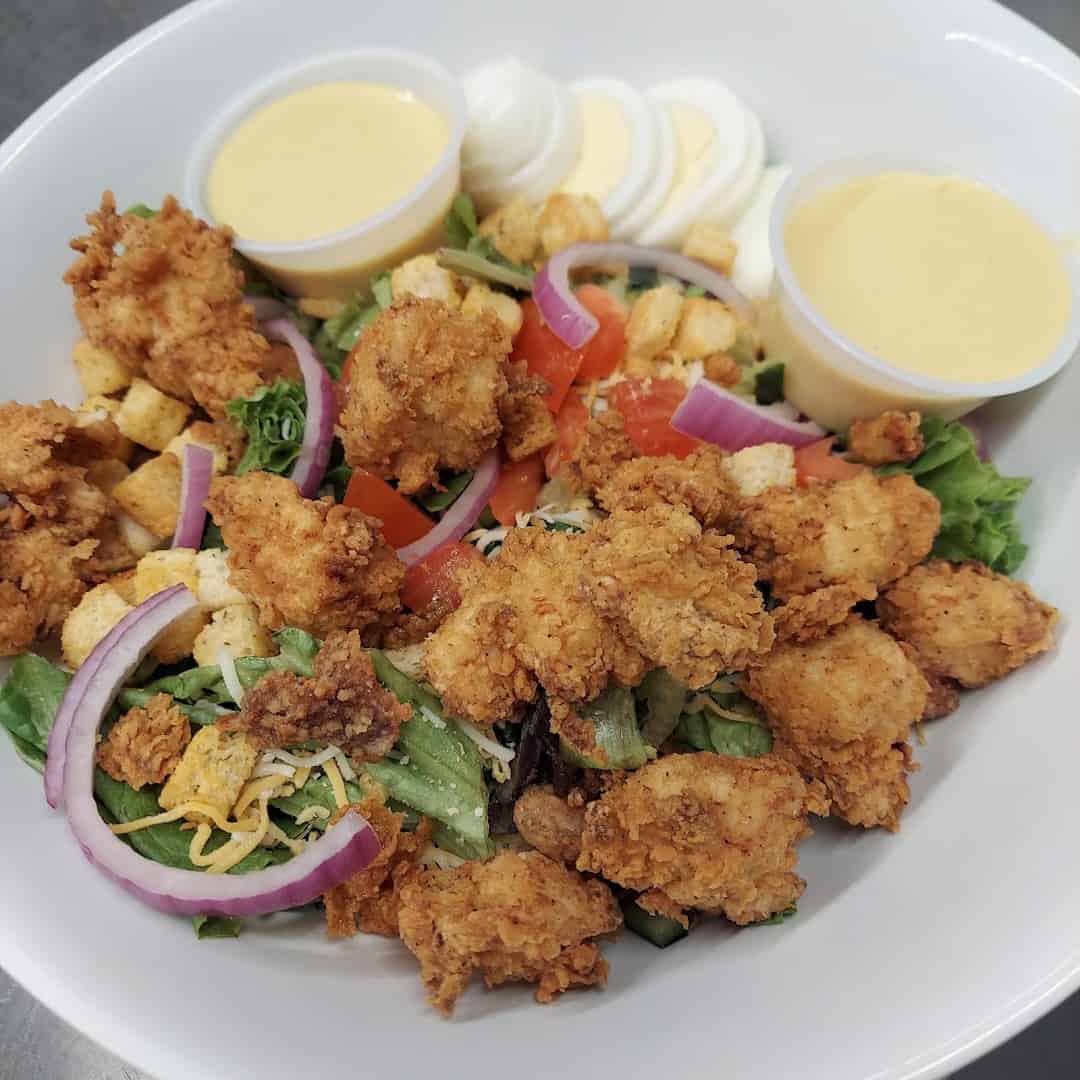 Fried shrimp salad at Mel's Diner in Mingus, Texas