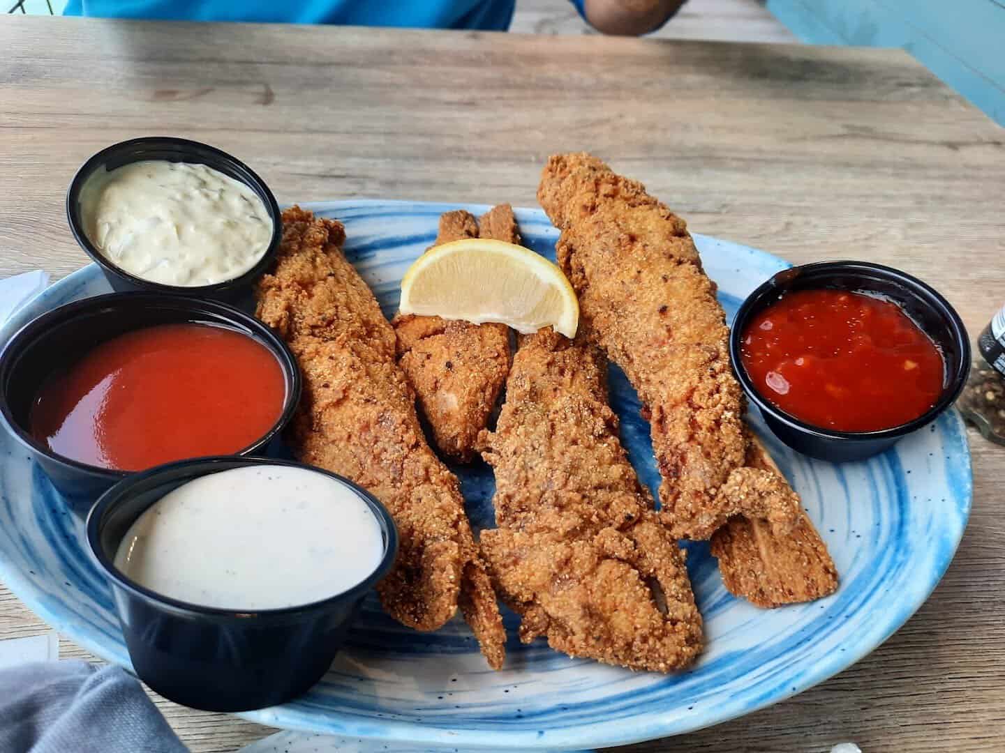 Fried snapper throats with dipping sauces at Katie's Seafood House in Galveston, Texas