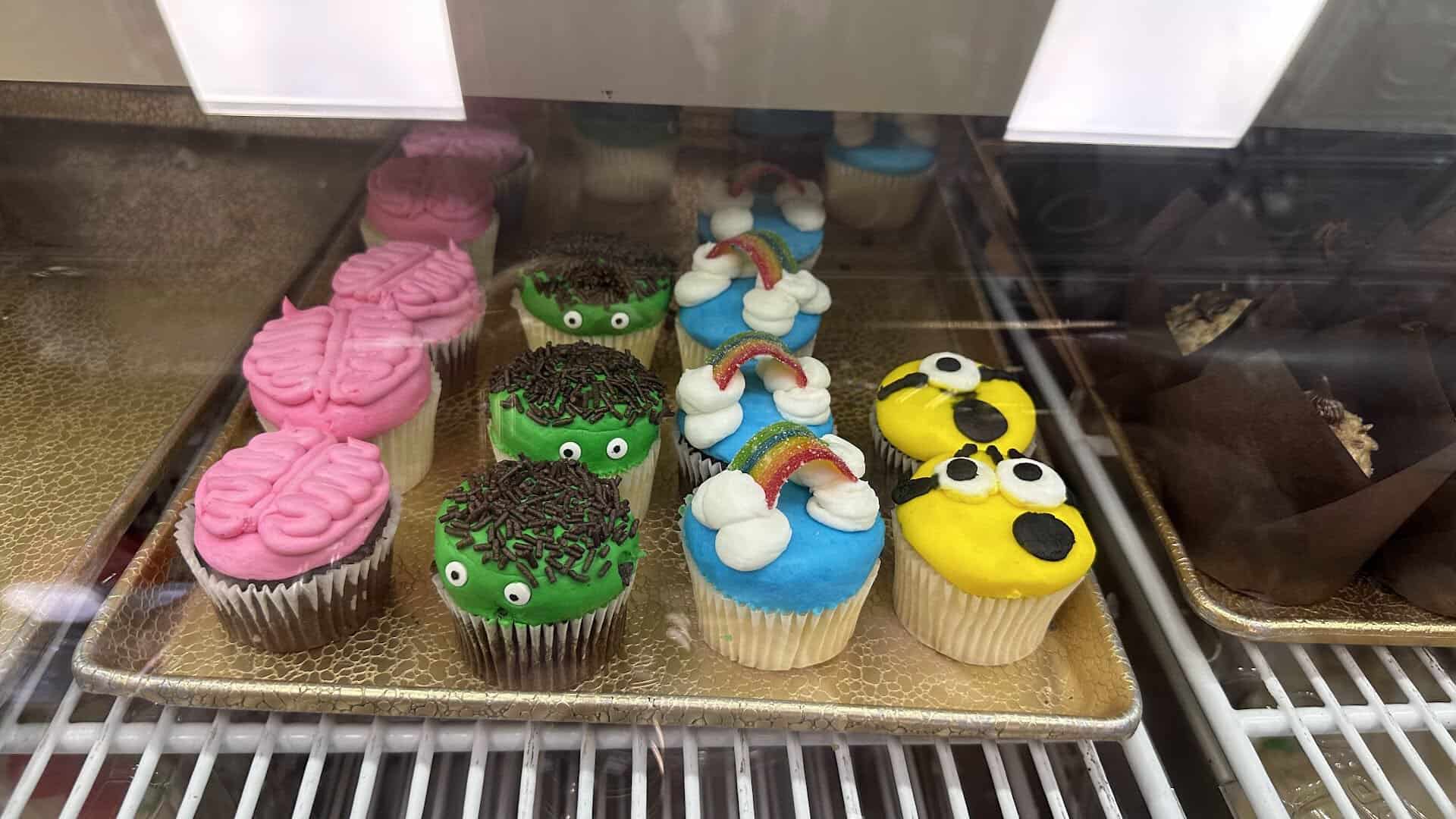 Tray of frosted cupcakes in the case at Naegelin's Bakery in New Braunfels