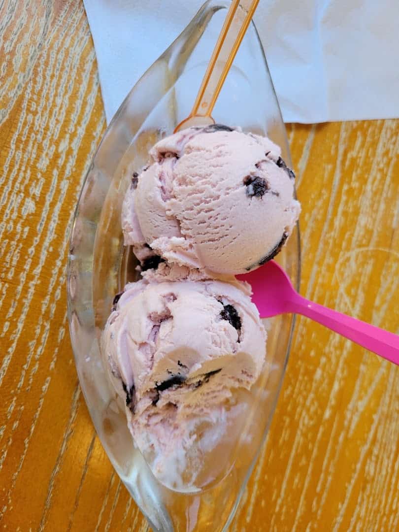 Two scoops of fruit ice cream with chocolate chunks in a banana split dish at Beth Marie's in Denton
