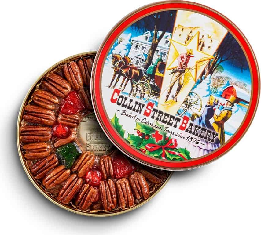 DeLuxe fruitcake with a vintage Collin Street Bakery keepsake tin