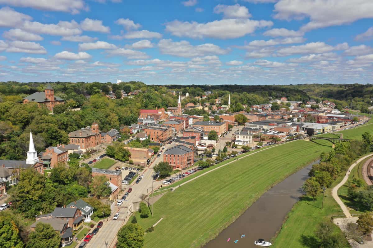 Aerial view of Galena, Illinois in the river valley