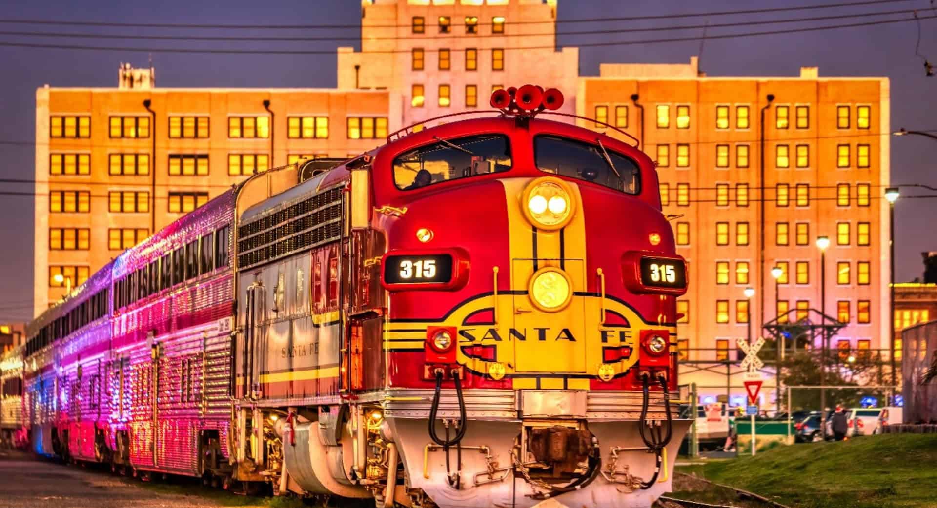 Vintage red Santa Fe locomotive at the Galveston Railroad Museum