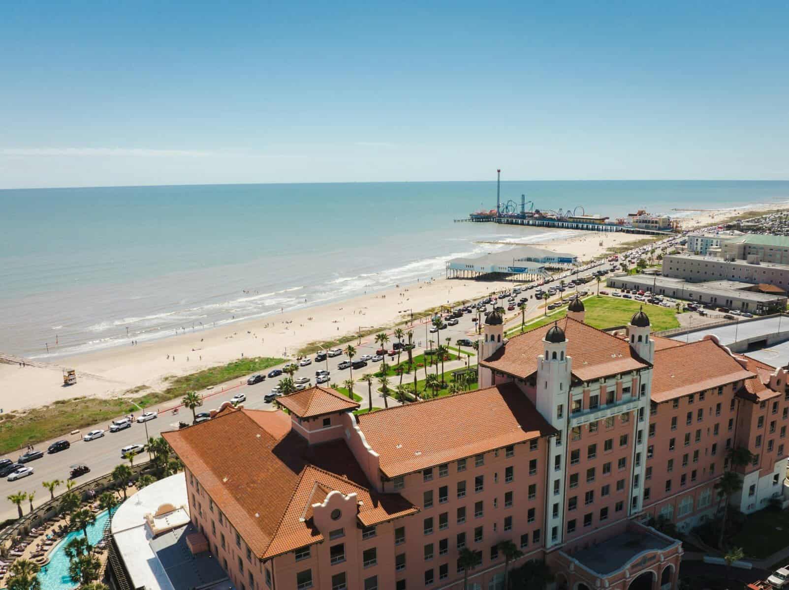 Galveston Island seawall, beach, and the historic Hotel Galvez, Galveston, Texas