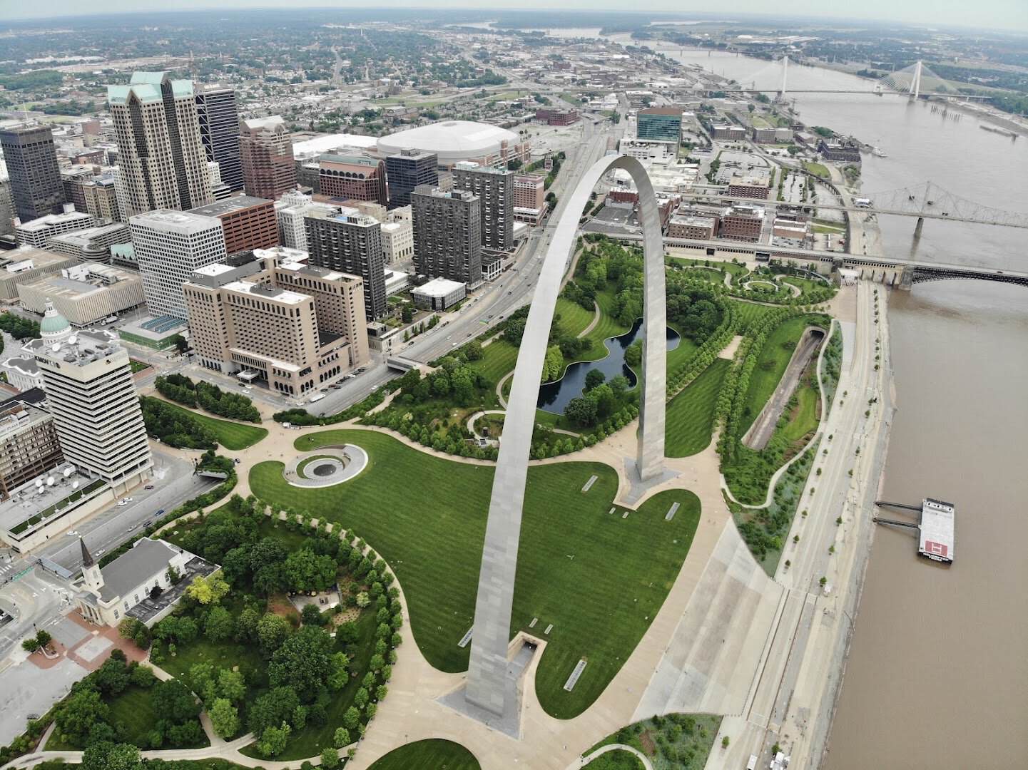 Aerial view of the Gateway Arch and riverfront park in St. Louis, Missouri