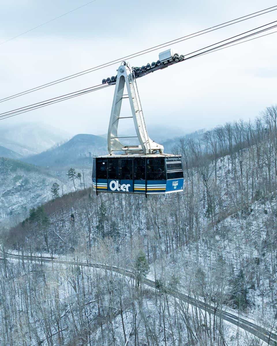 Ober Gatlinburg aerial tram over snow-covered Smoky Mountains, Gatlinburg, Tennessee
