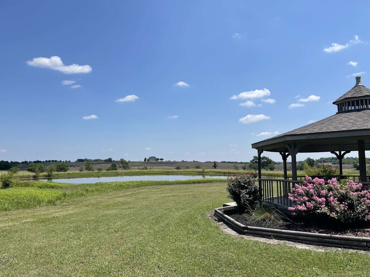 The gazebo and pond at Chappell Hill Lavender Farm in Brenham, Texas