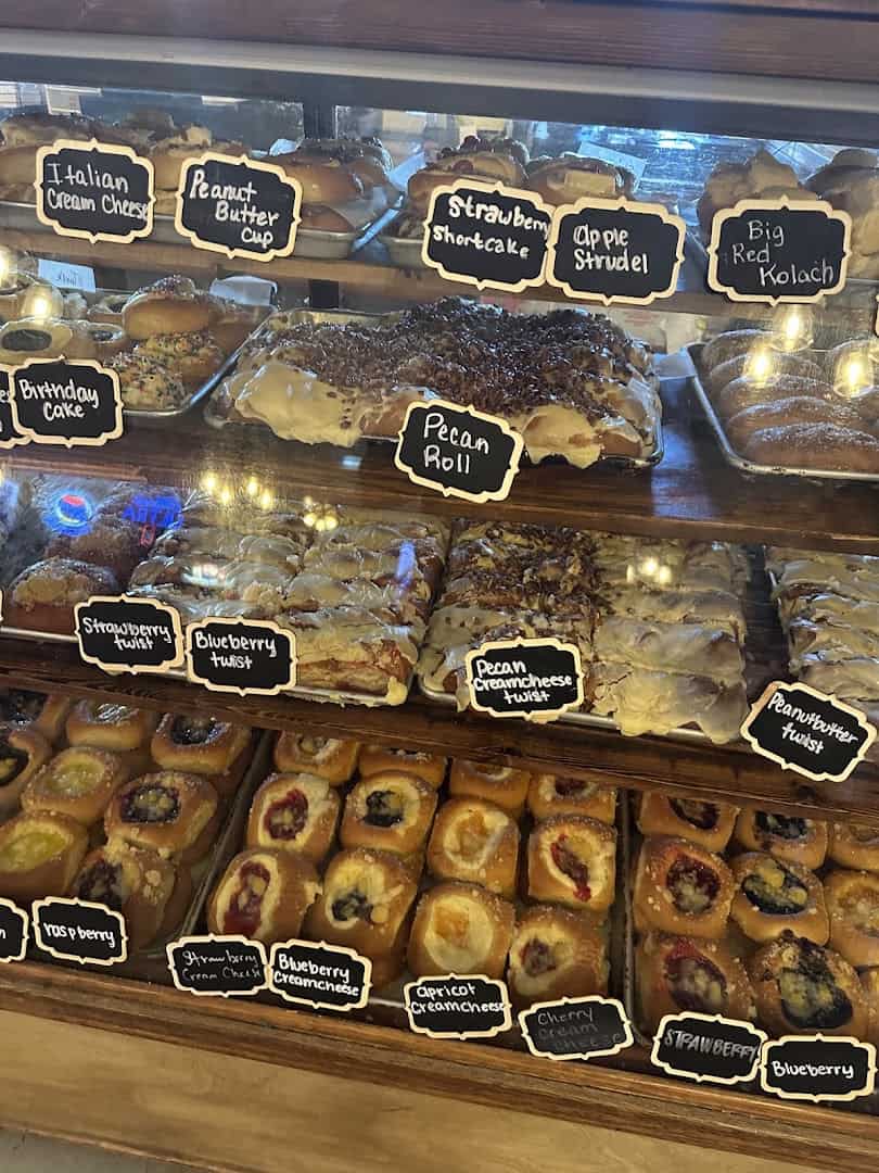 Case of labeled kolaches at Gerik's Ole Czech Bakery in West, Texas