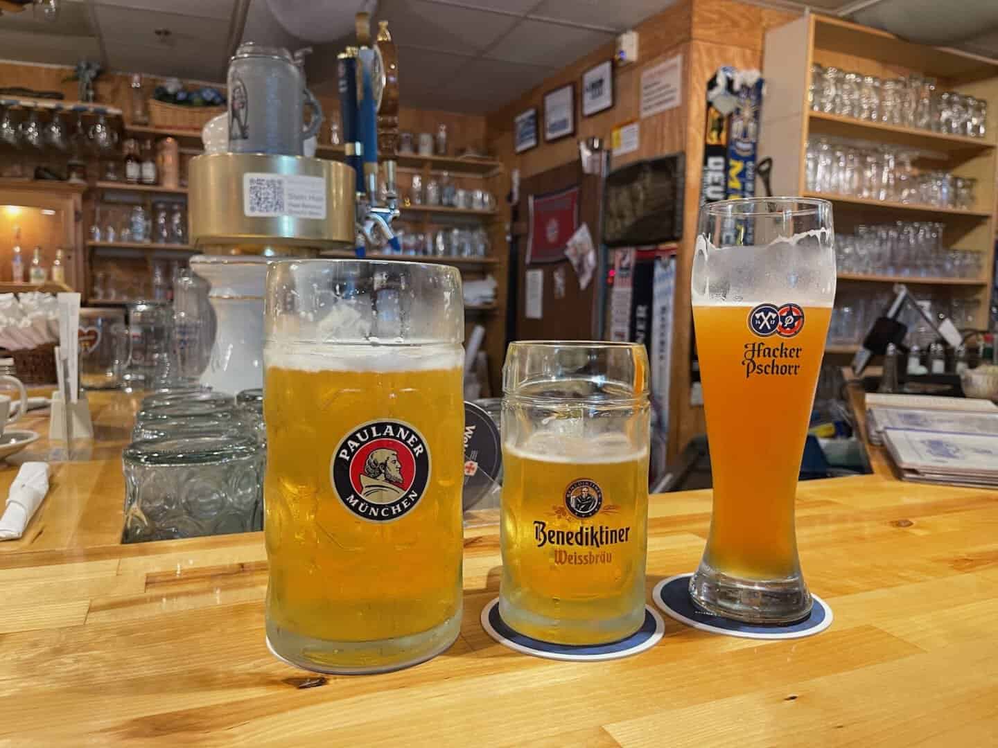 German beers on a wooden table at Bavarian Grill in Plano