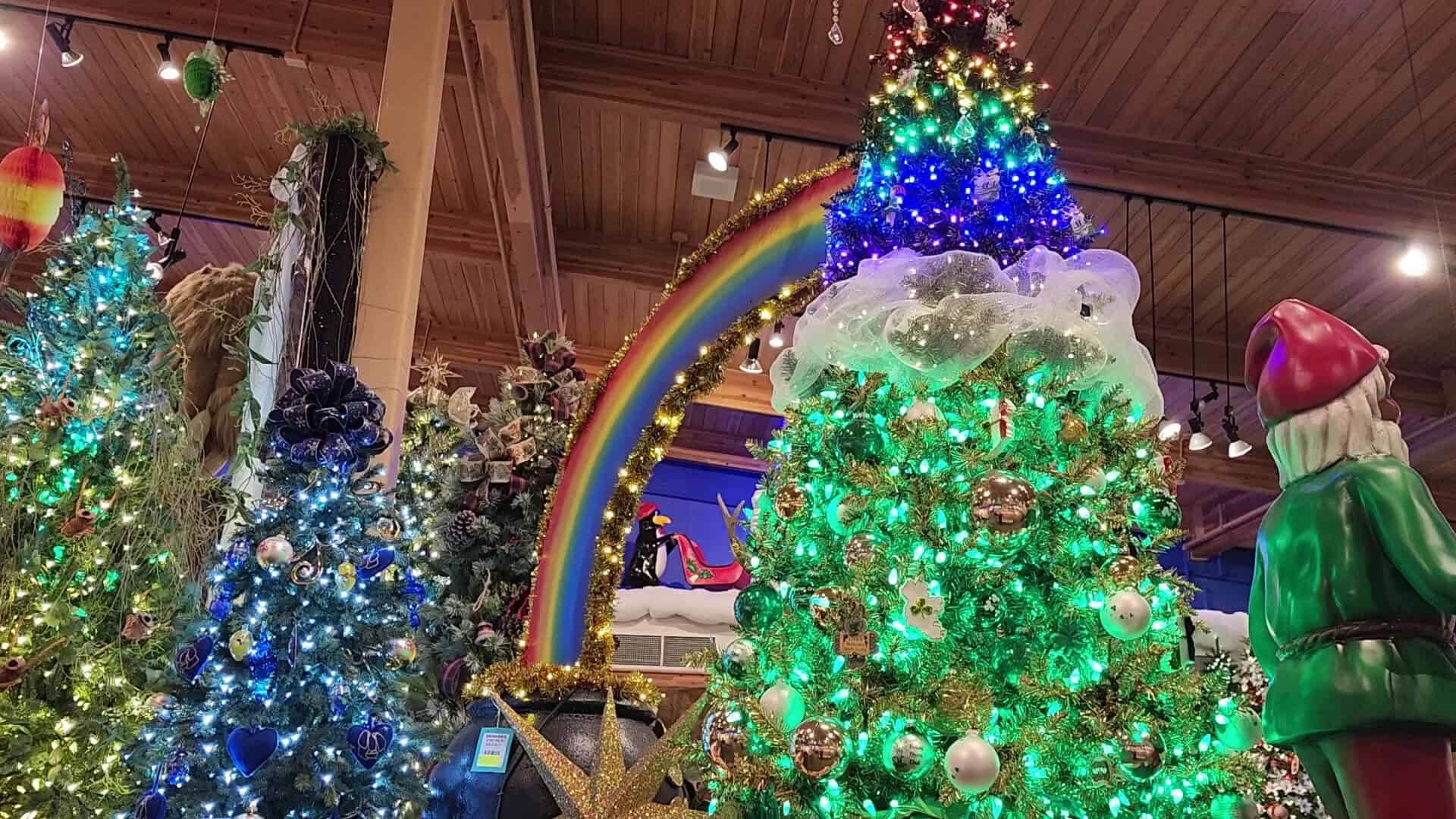 Brightly lit decorated Christmas trees inside Bronner's, Frankenmuth, Michigan