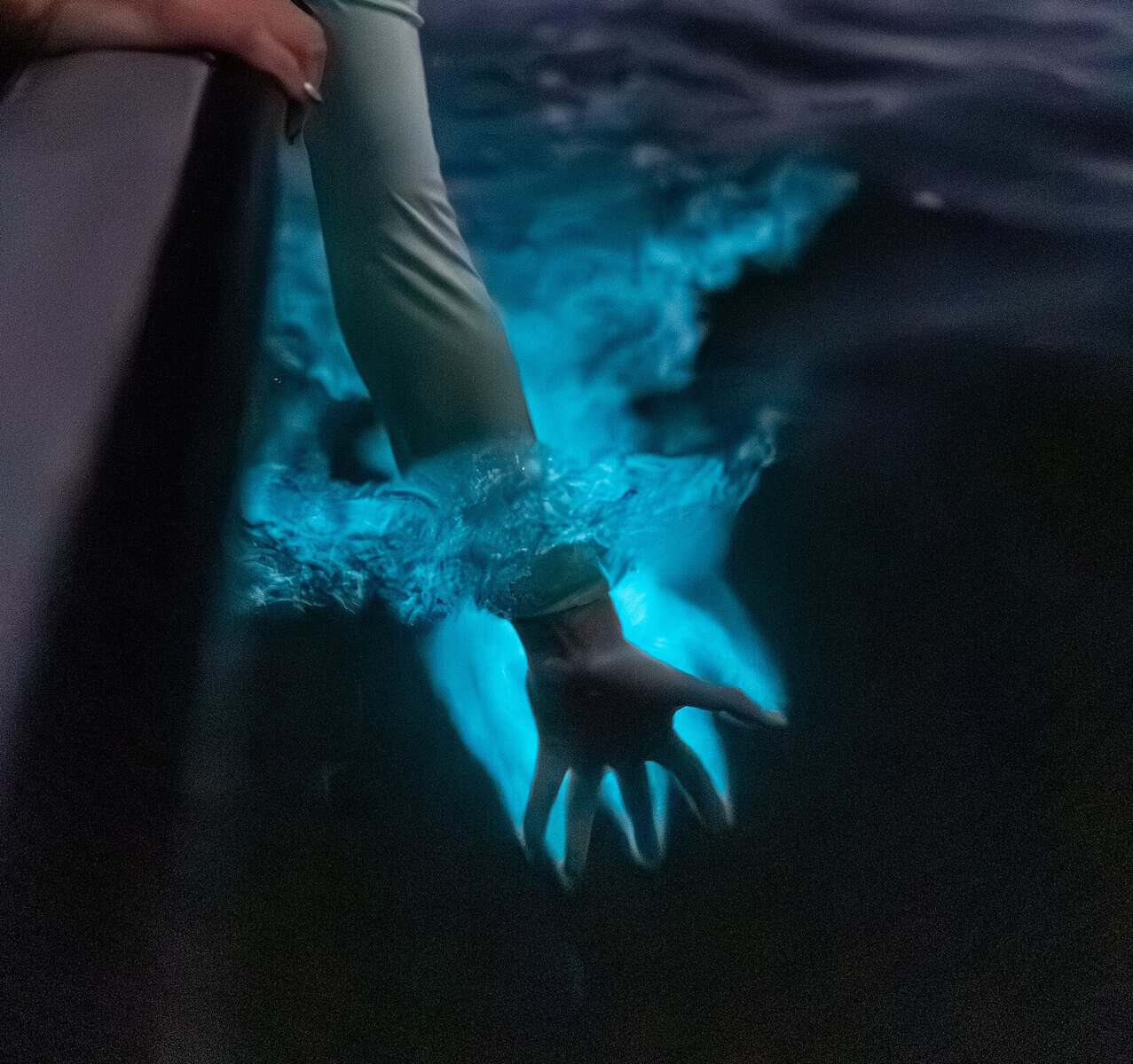 A hand stirring the water sets off a bright blue bioluminescent glow