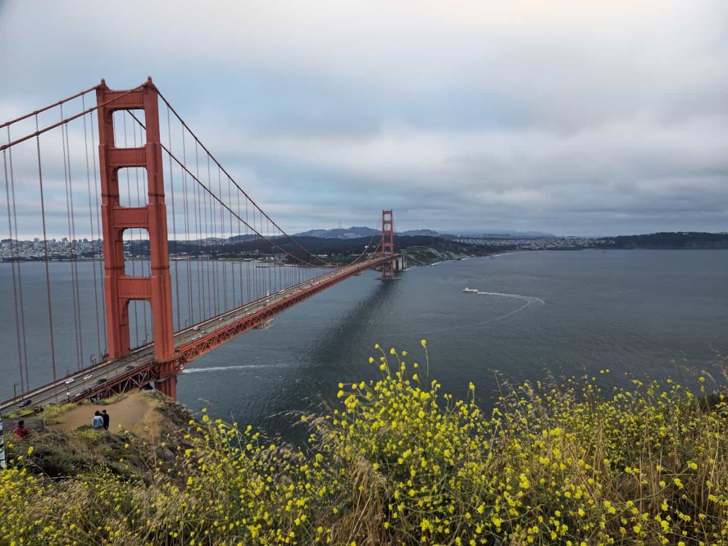 The Golden Gate Bridge seen from a Marin Headlands overlook above San Francisco Bay, California