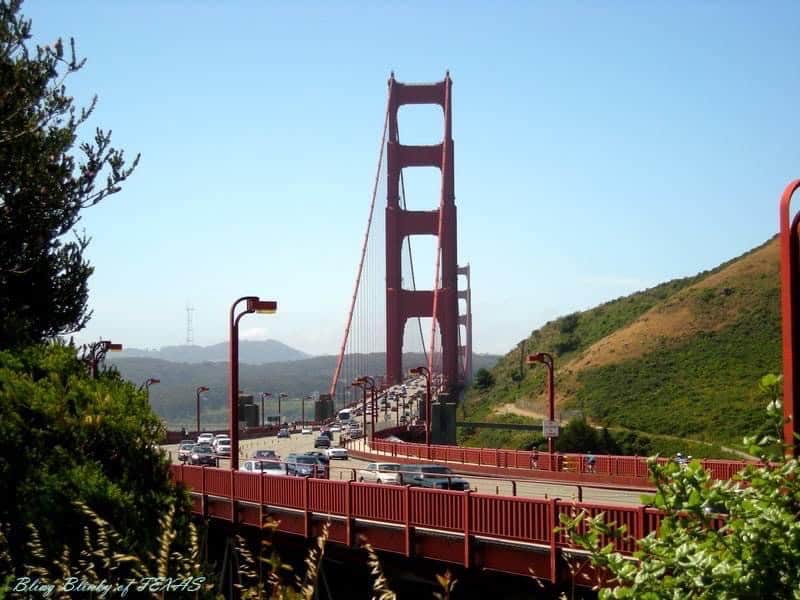 The Golden Gate Bridge deck and tower from the walkway in San Francisco, California