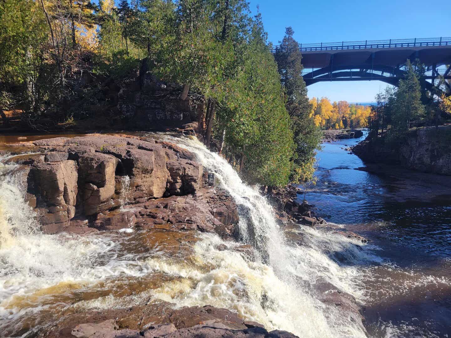 Gooseberry Falls with fall color and the Highway 61 bridge, Two Harbors, Minnesota