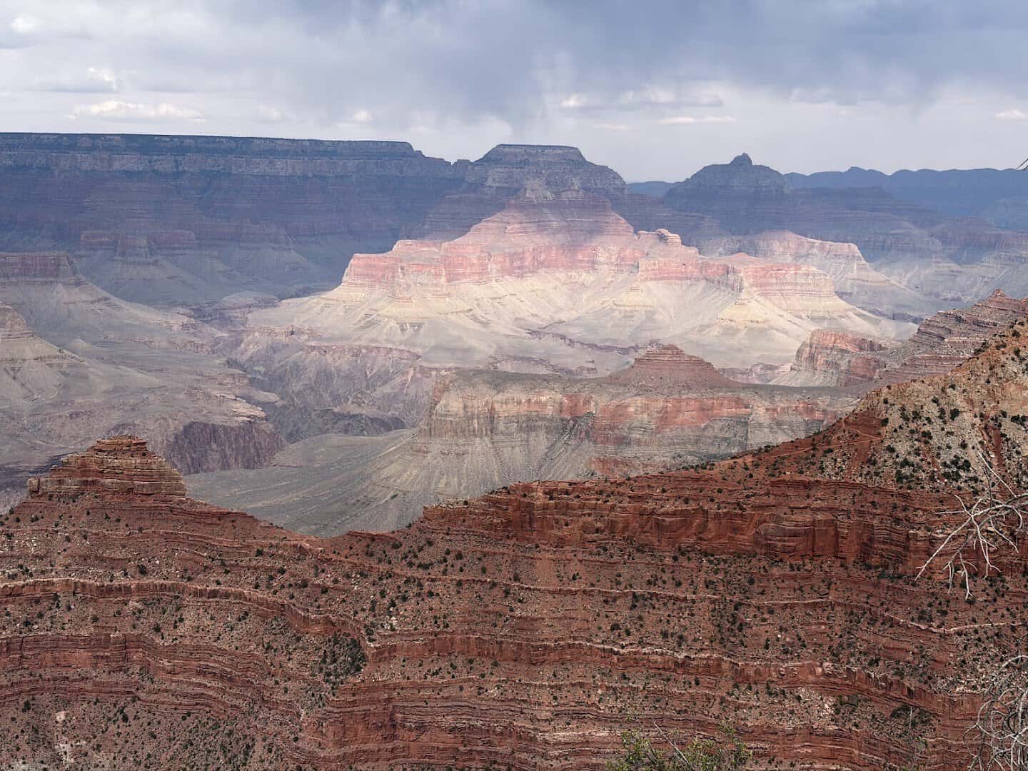 Wide layered rock vista of the Grand Canyon from Mather Point, Arizona
