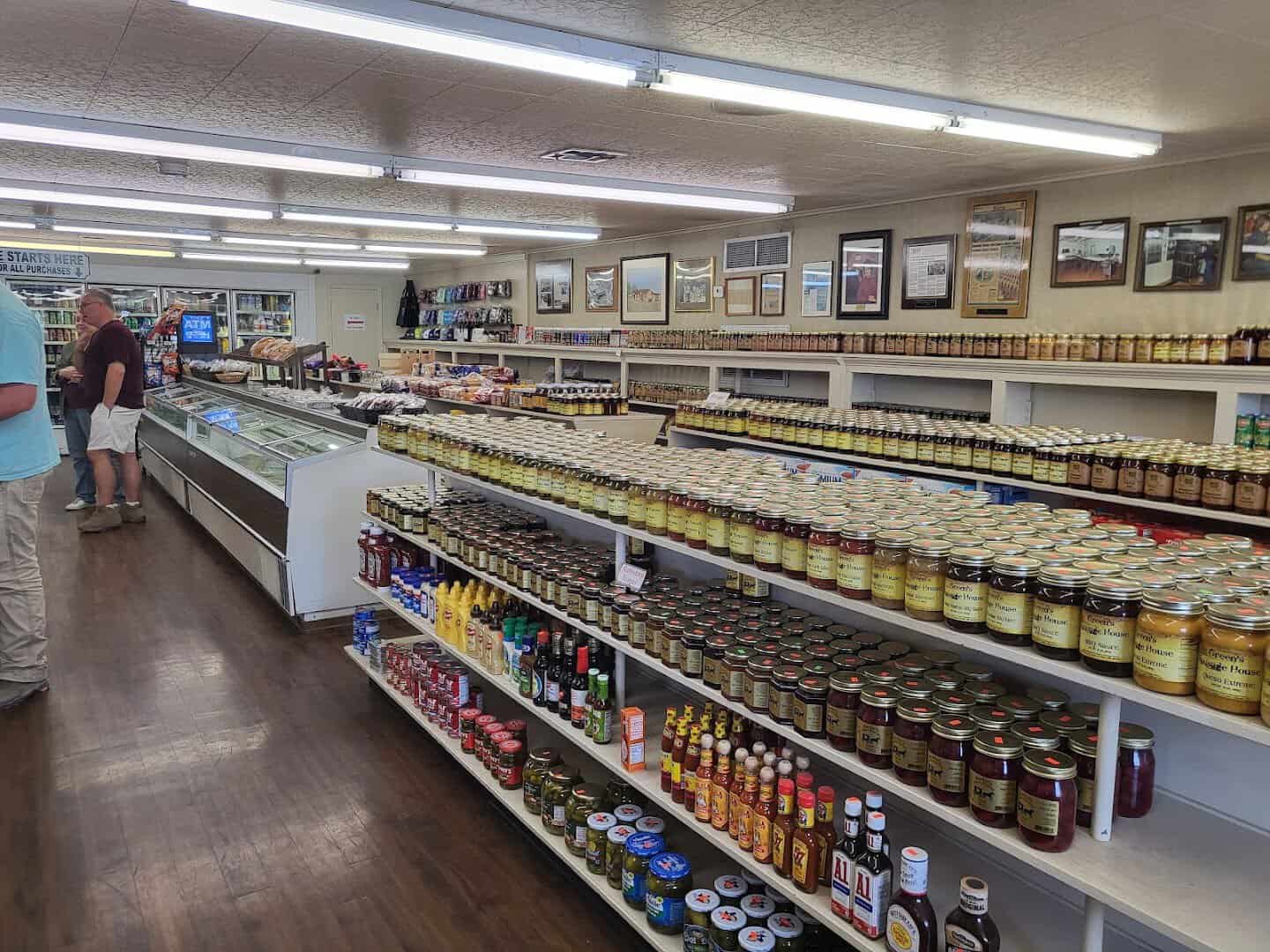 Aisle of Green's Sausage House jams, sauces, and country goods under one roof in Temple, Texas