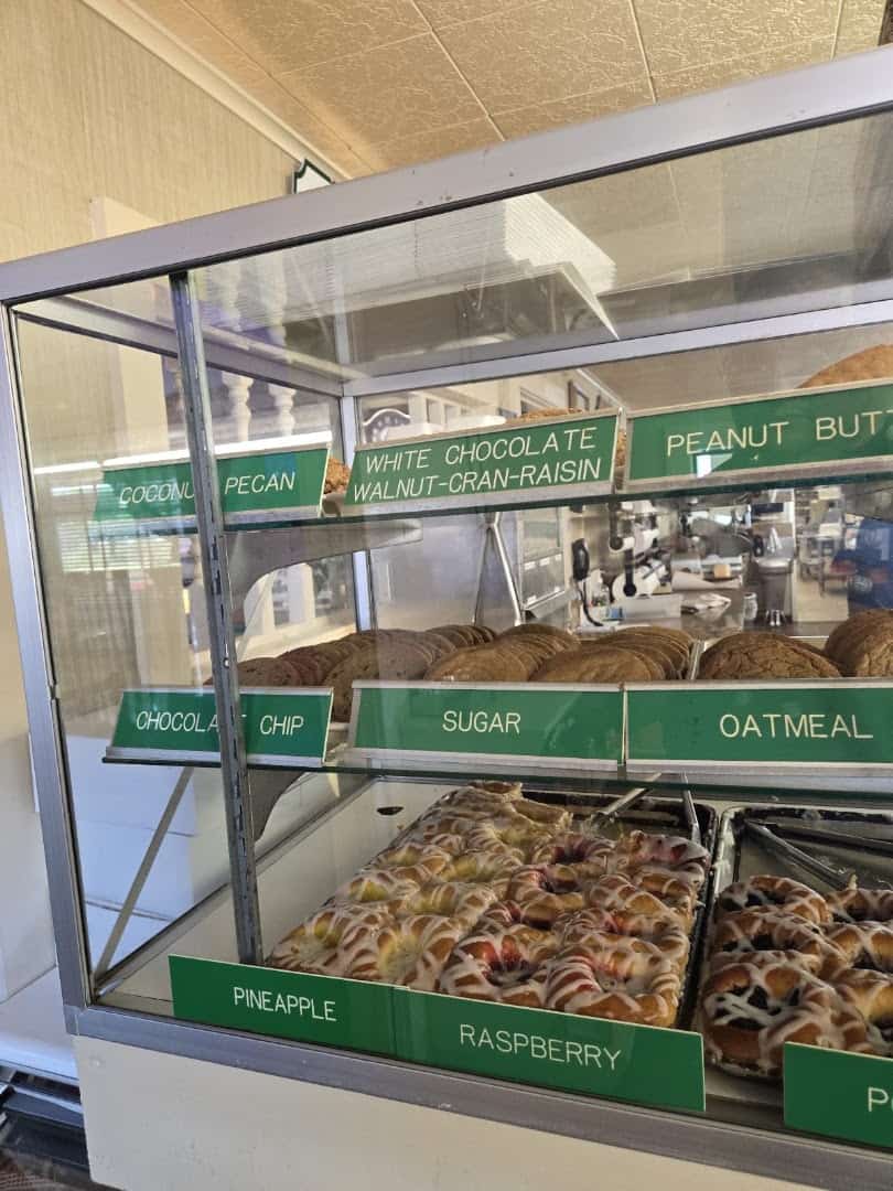 Bakery case of kolaches and cookies at Green's Sausage House in Zabcikville, Texas