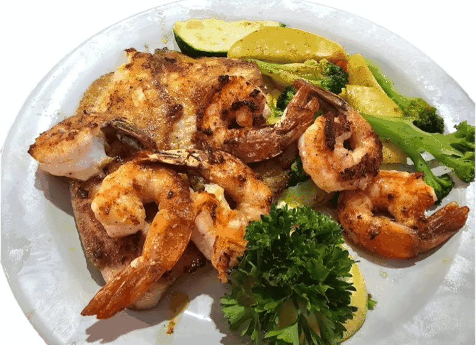 Grilled shrimp plate with vegetables at Baytown Seafood in Baytown, Texas