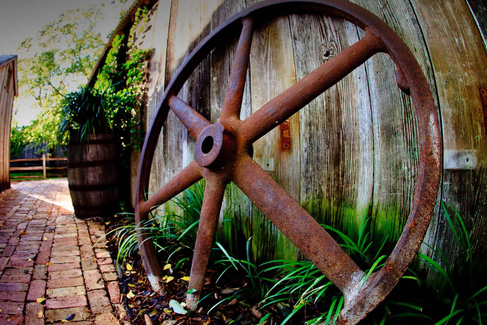 Original cotton gin wheel and machinery at the historic 1878 Gruene gin