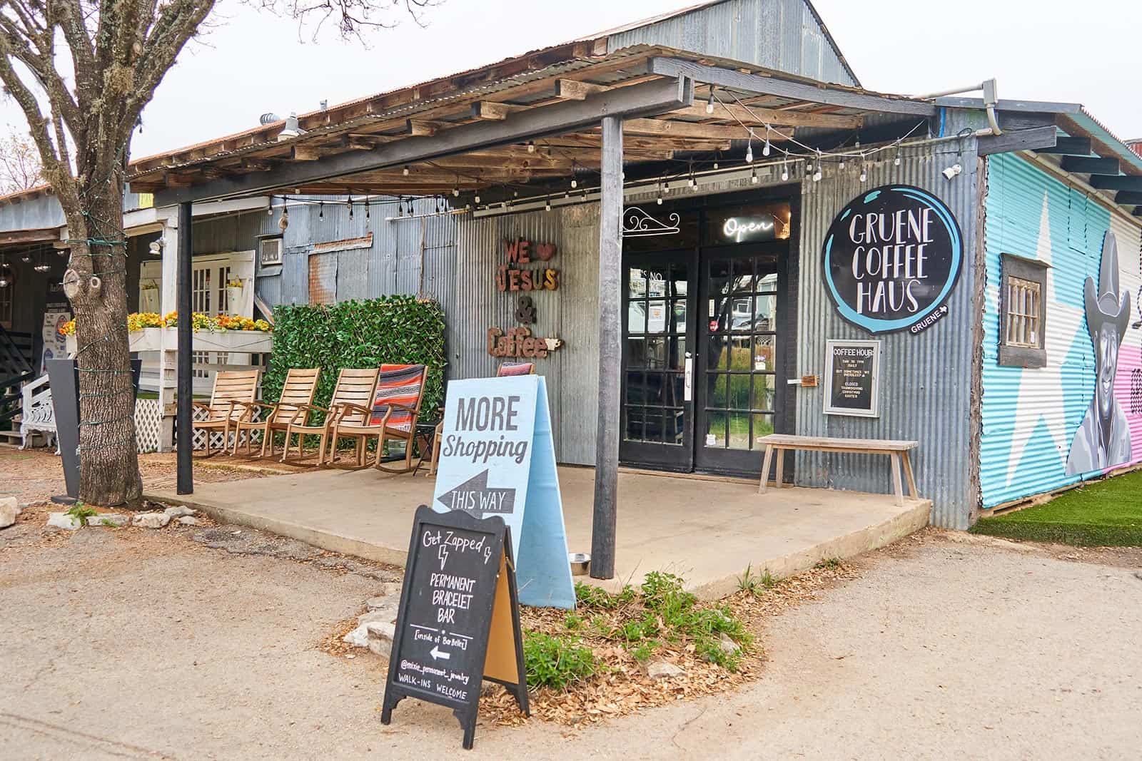 The tin-roofed Gruene Coffee Haus in the historic district of Gruene, Texas