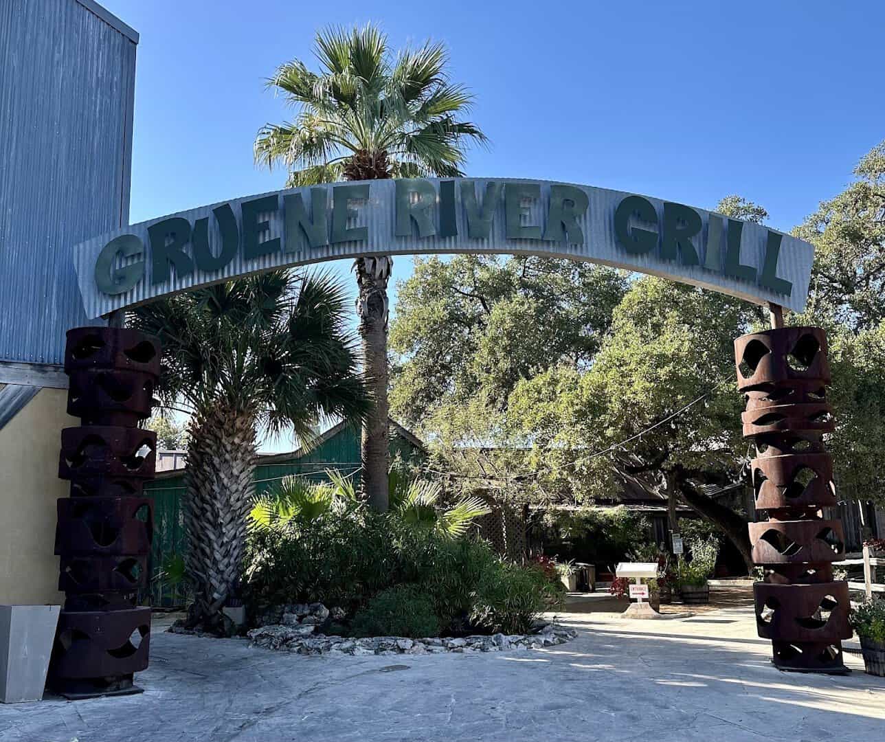 The Gruene River Grill entrance sign in New Braunfels, Texas