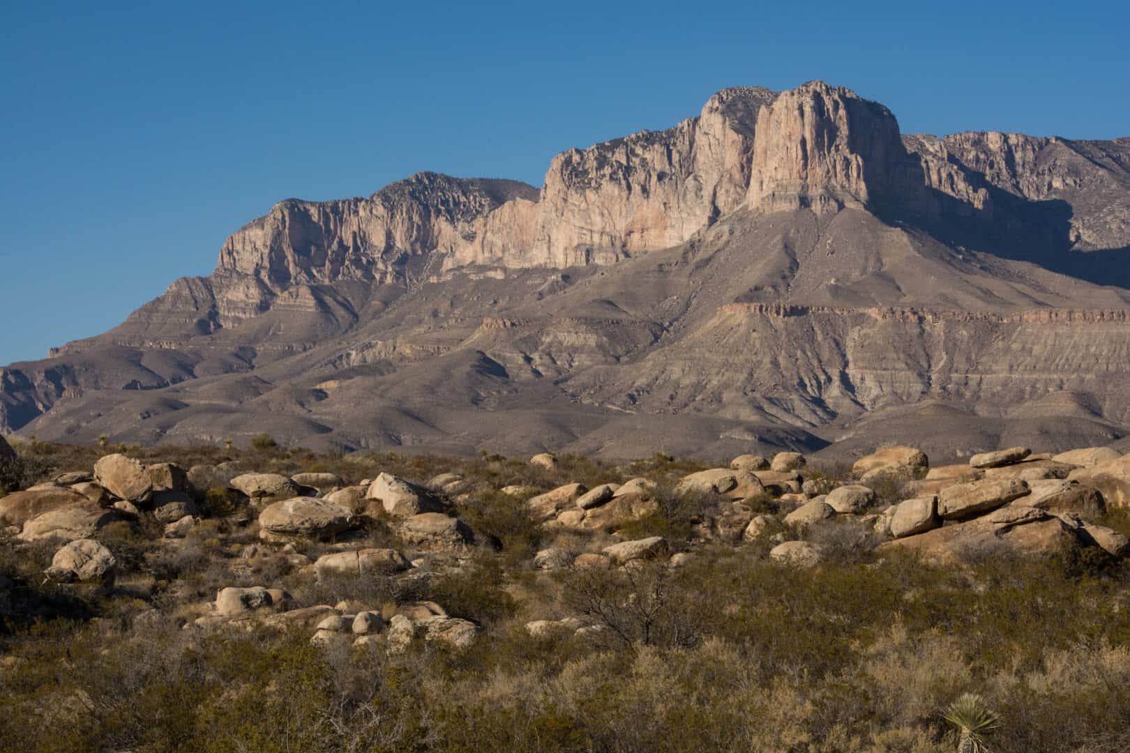 The limestone prow of El Capitan rising over the desert in Guadalupe Mountains National Park, Texas